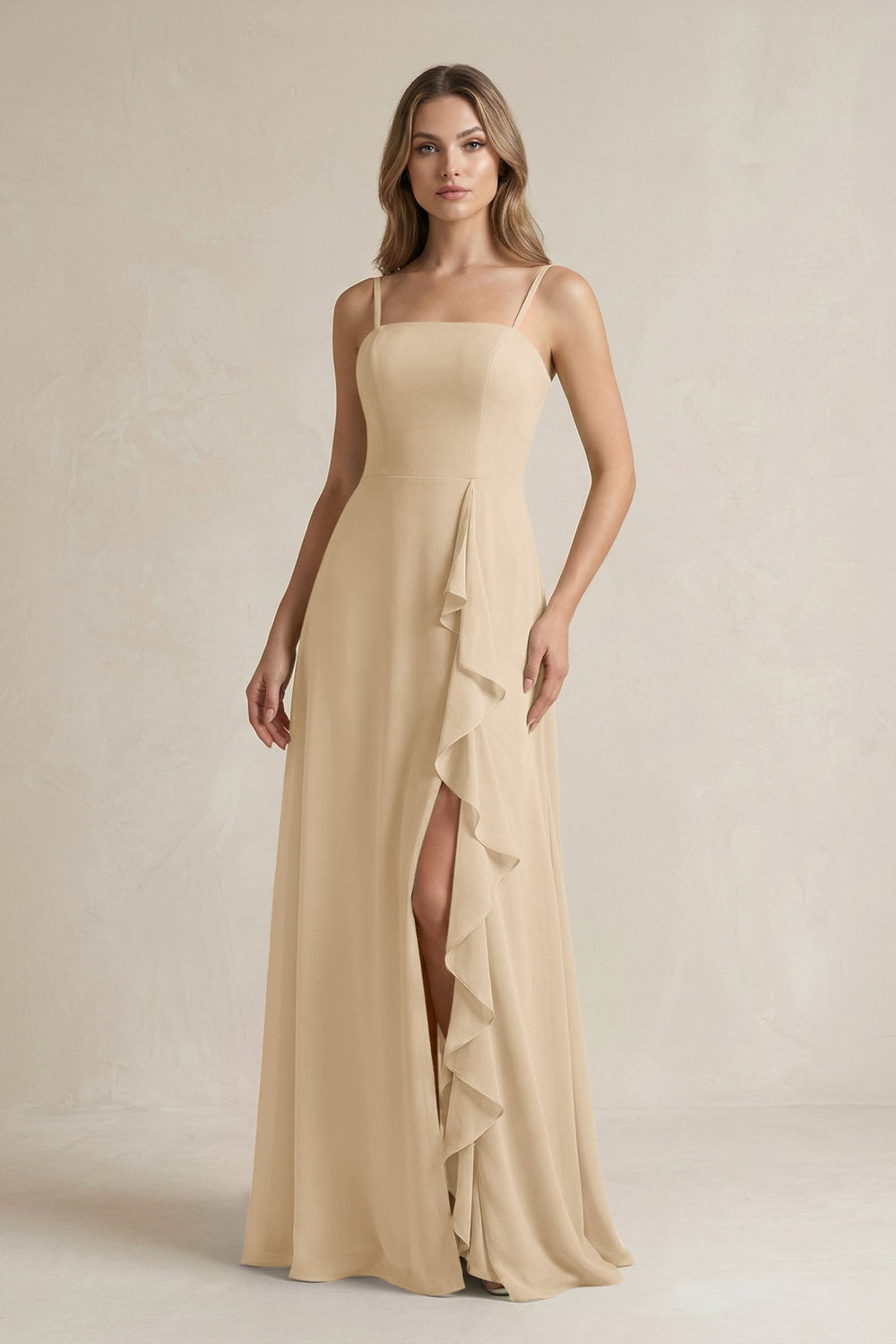 Spaghetti Strap Ruffled A-Line Chiffon Bridesmaid Dress in Champagne