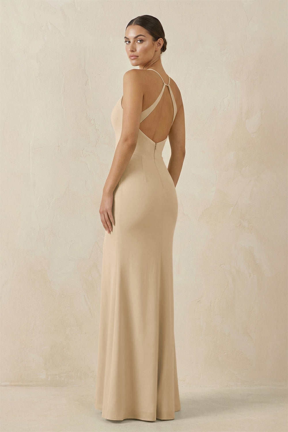 Spaghetti Strap Sheath Chiffon Bridesmaid Dress With Slit in Champagne