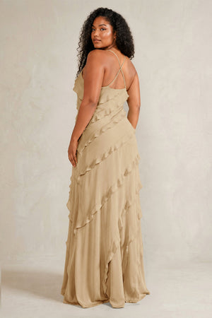 Champagne Spaghetti Straps Sheath Stain Ruffled Bridesmaid Dress (4) | KISSBRIDAL[sizeplus]