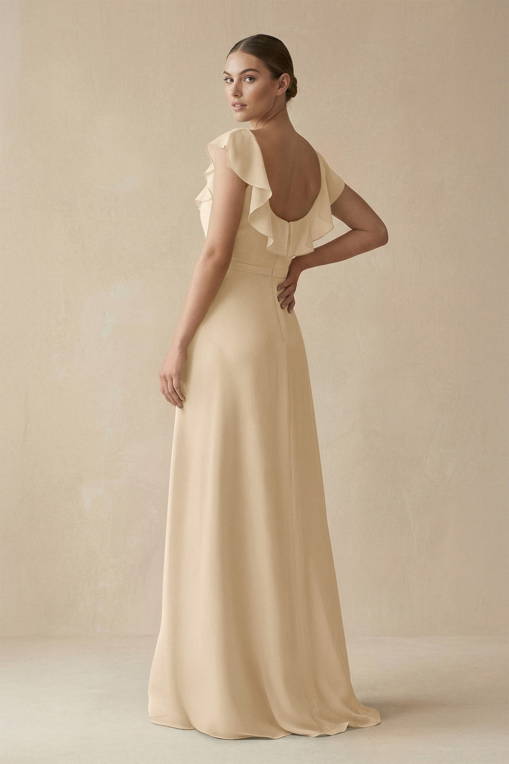 Square Neck A-Line Bridesmaid Dress with Ruffles in Champagne