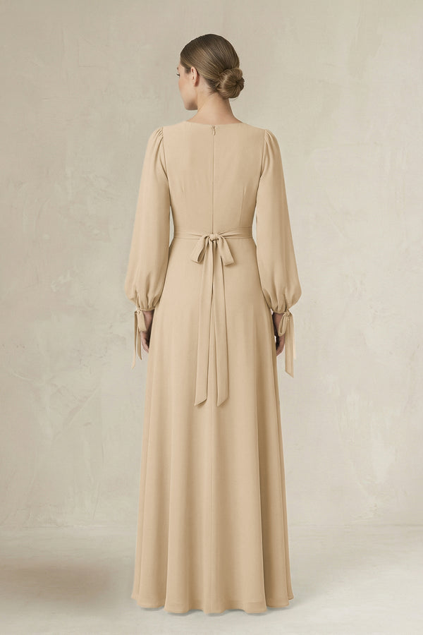 Champagne Square Neck Long Sleeve A-Line Chiffon Bridesmaid Dress in Champagne (2) | KISSBRIDAL