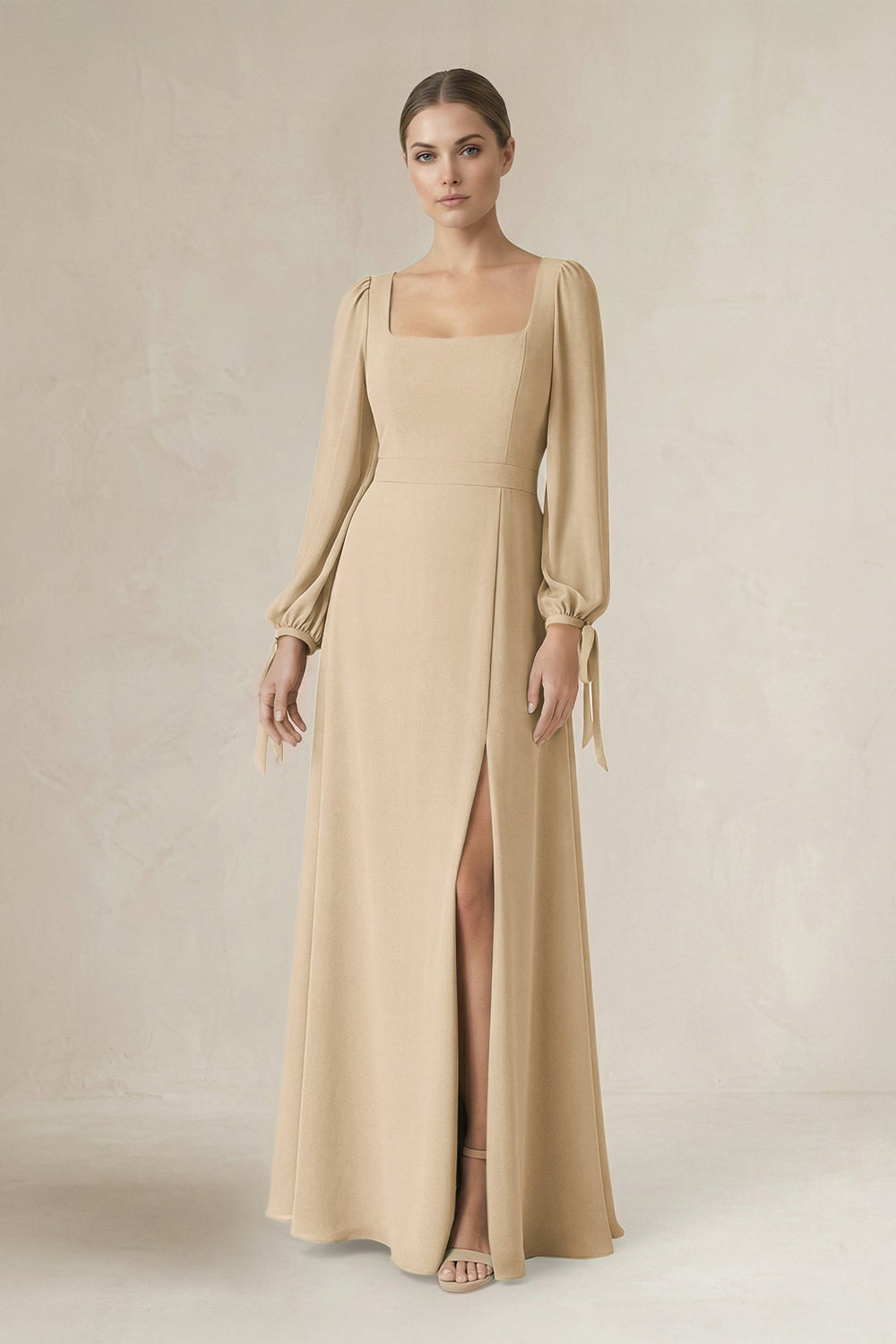 Square Neck Long Sleeve A-Line Chiffon Bridesmaid Dress in Champagne