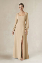 Champagne Square Neck Long Sleeve A-Line Chiffon Bridesmaid Dress in Champagne | KISSBRIDAL