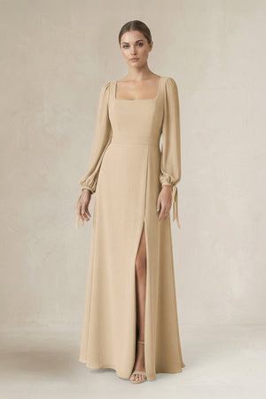 Champagne Square Neck Long Sleeve A-Line Chiffon Bridesmaid Dress in Champagne | KISSBRIDAL