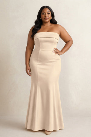 Champagne Strapless Satin Mermaid Bridesmaid Dress (3) [sizeplus] | KISSBRIDAL