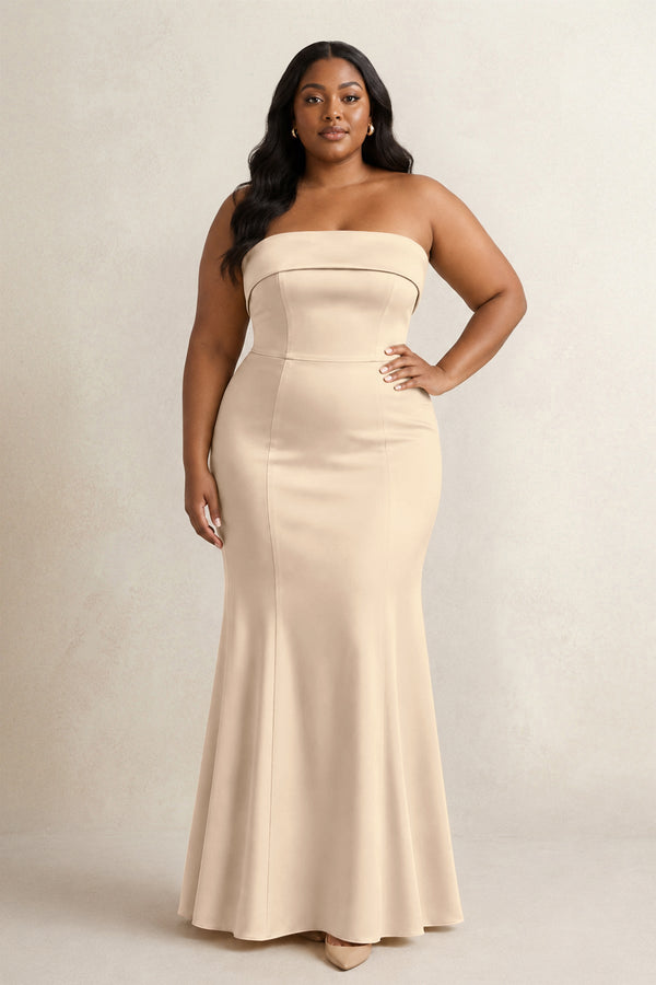 Champagne Strapless Satin Mermaid Bridesmaid Dress (3) [sizeplus] | KISSBRIDAL