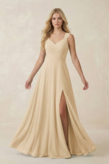 Champagne Sweetheart A-Line Chiffon Long Bridesmaid Dress | KISSBRIDAL