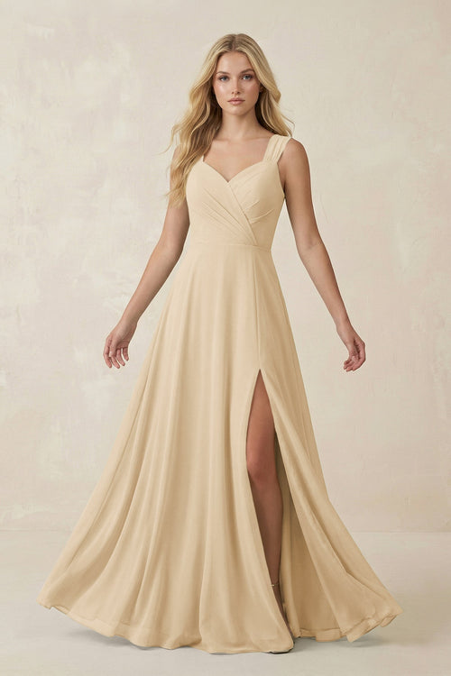 Champagne Sweetheart A-Line Chiffon Long Bridesmaid Dress | KISSBRIDAL