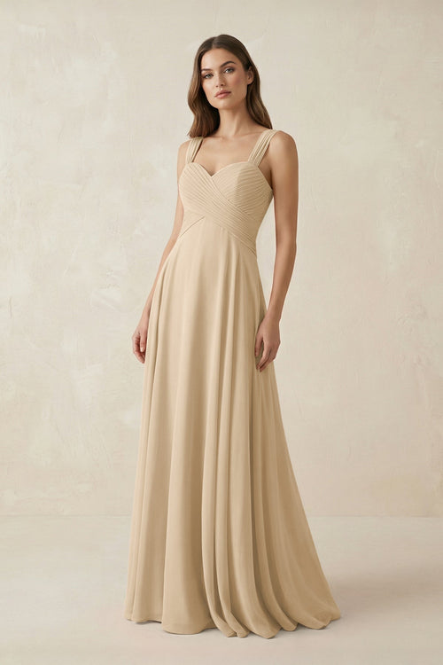 Champagne Sweetheart Pleated A-Line Chiffon Bridesmaid Dress | KISSBRIDAL