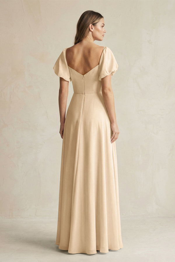 Champagne Sweetheart Puff Sleeve A-Line Chiffon Bridesmaid Dress (2) | KISSBRIDAL