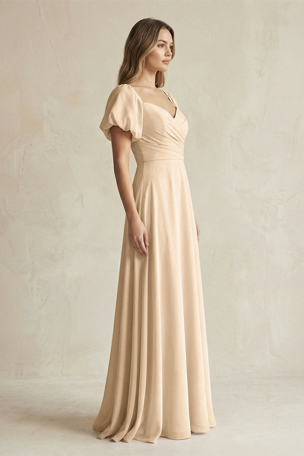 Champagne Sweetheart Puff Sleeve A-Line Chiffon Bridesmaid Dress (3) | KISSBRIDAL