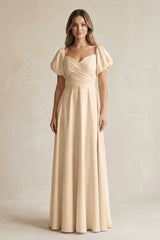 Champagne Sweetheart Puff Sleeve A-Line Chiffon Bridesmaid Dress | KISSBRIDAL