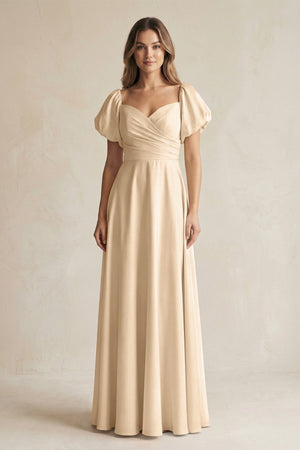 Champagne Sweetheart Puff Sleeve A-Line Chiffon Bridesmaid Dress | KISSBRIDAL