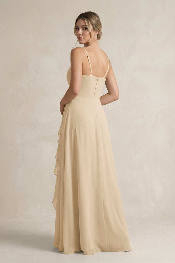 Champagne Sweetheart Ruffled A-Line Chiffon Bridesmaid Dress with Slit (2) | KISSBRIDAL
