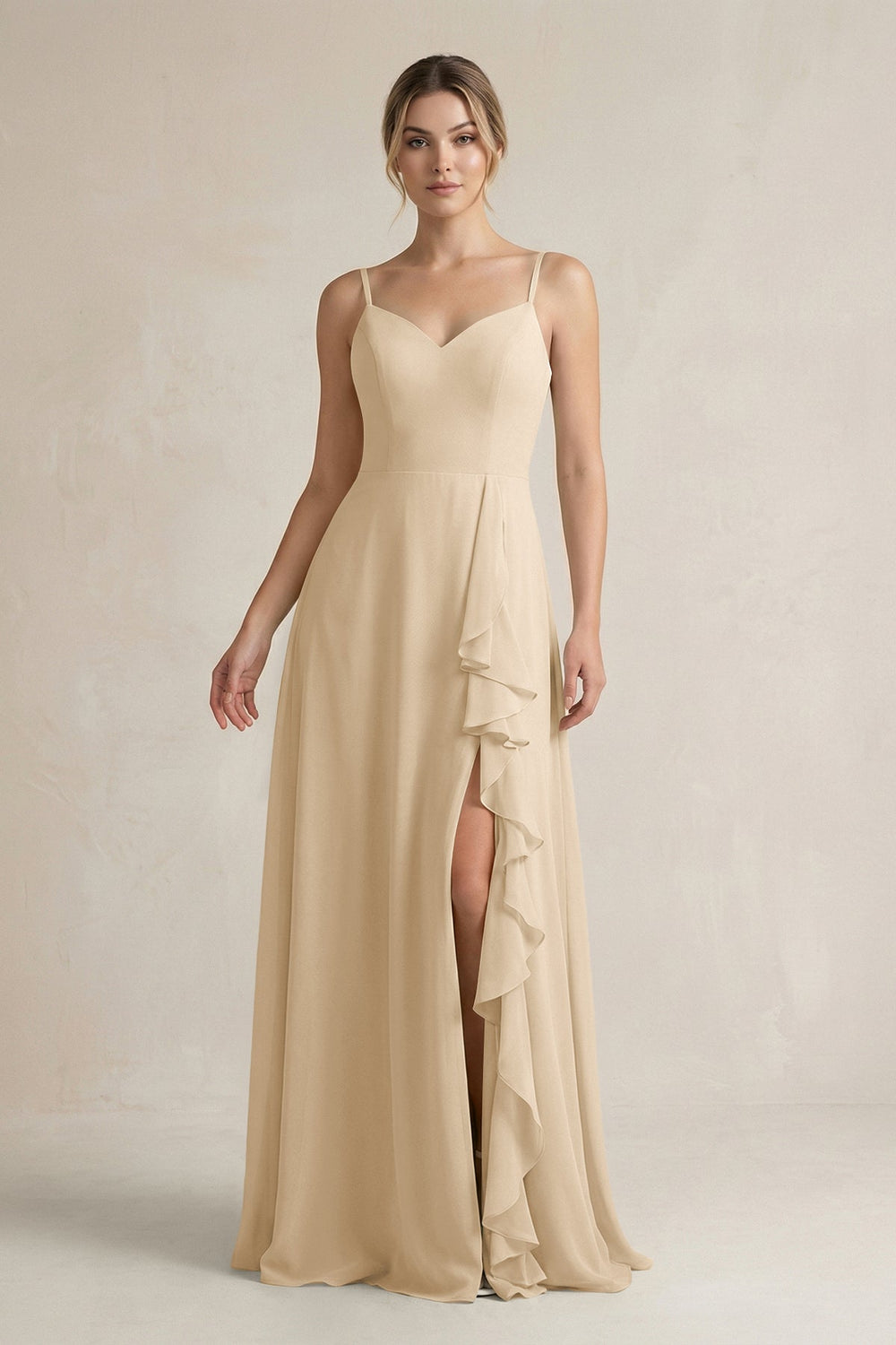 Sweetheart Ruffled A-Line Chiffon Bridesmaid Dress with Slit in Champagne