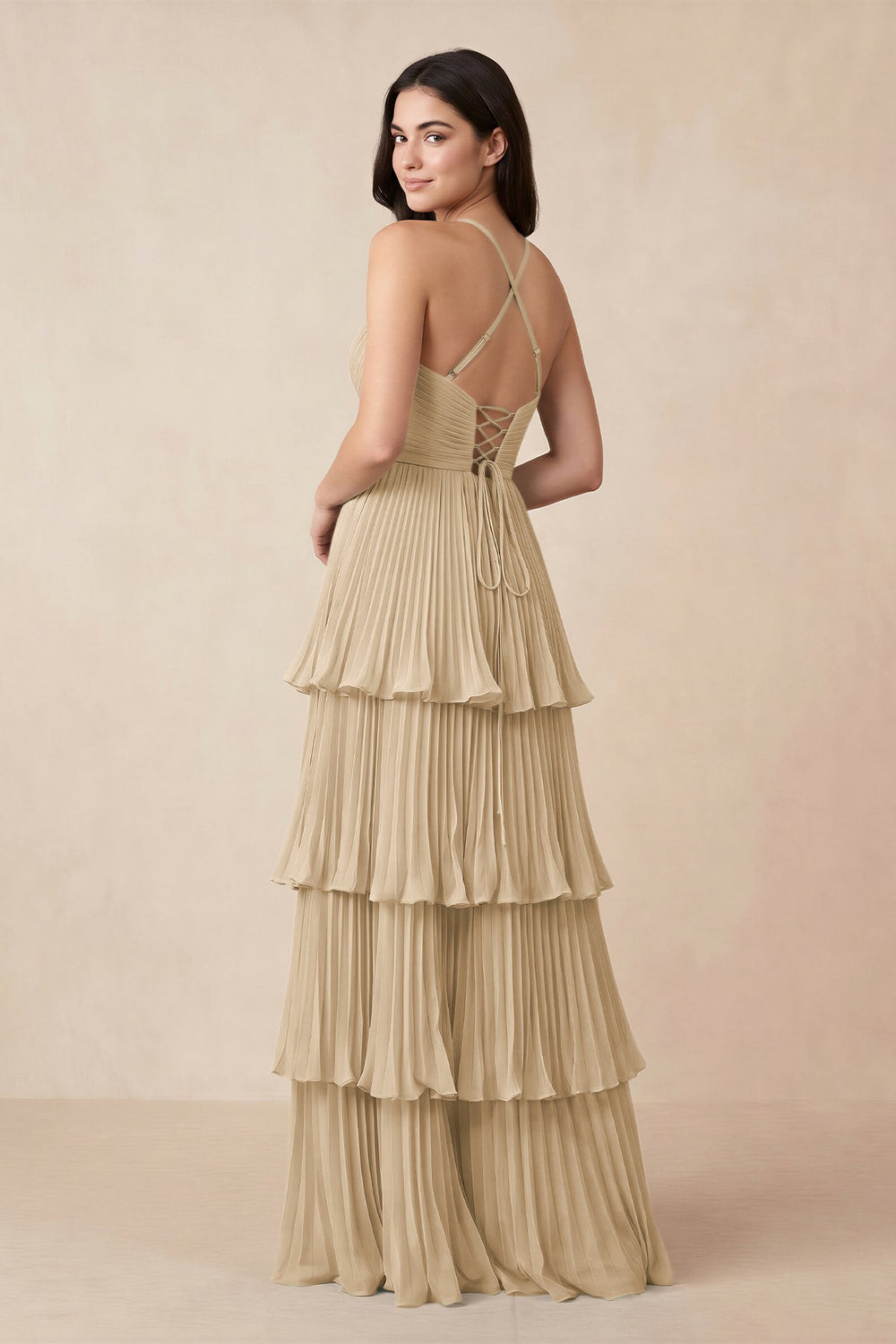 Tiered Pleated V-Neck A-Line Chiffon Bridesmaid Dress in Champagne