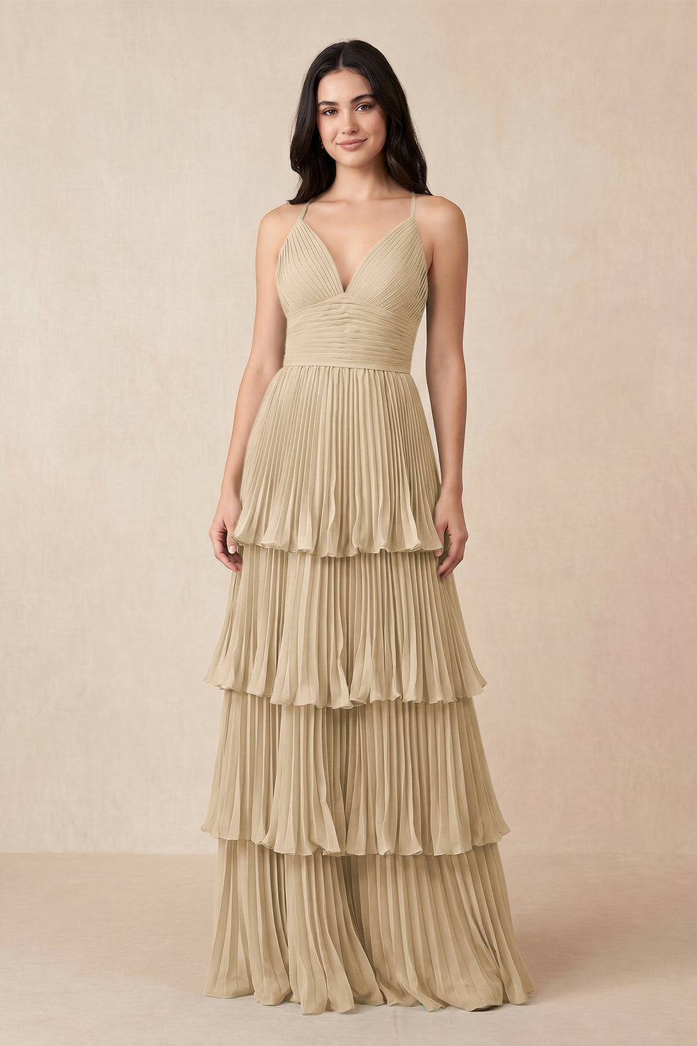 Tiered Pleated V-Neck A-Line Chiffon Bridesmaid Dress in Champagne