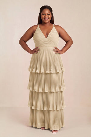 Champagne Tiered Pleated V-Neck A-Line Chiffon Bridesmaid Dress [sizeplus] | KISSBRIDAL