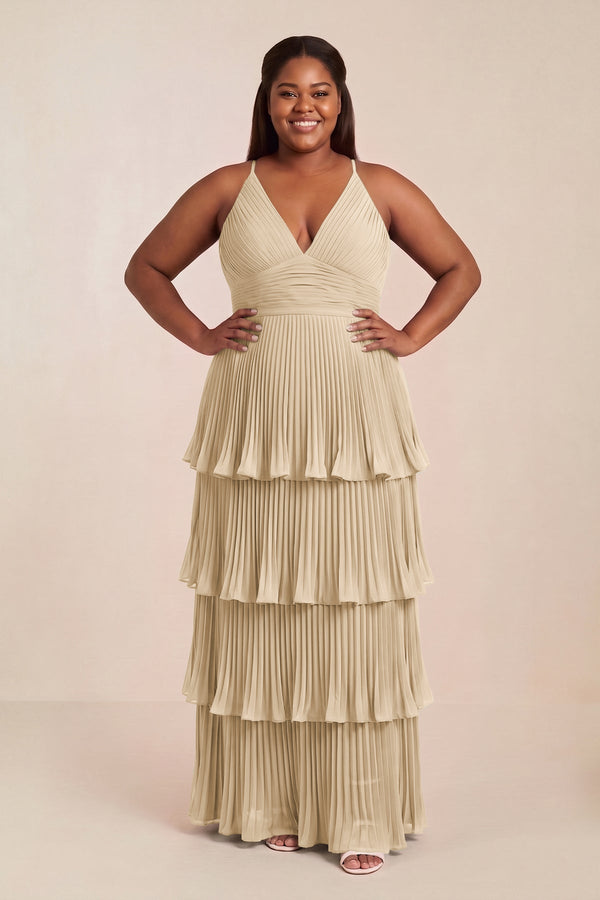 Champagne Tiered Pleated V-Neck A-Line Chiffon Bridesmaid Dress [sizeplus] | KISSBRIDAL
