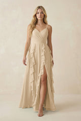 Champagne Tiered Ruffle A-Line Chiffon Bridesmaid Dress | KISSBRIDAL