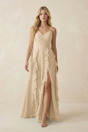 Champagne Tiered Ruffle A-Line Chiffon Bridesmaid Dress | KISSBRIDAL
