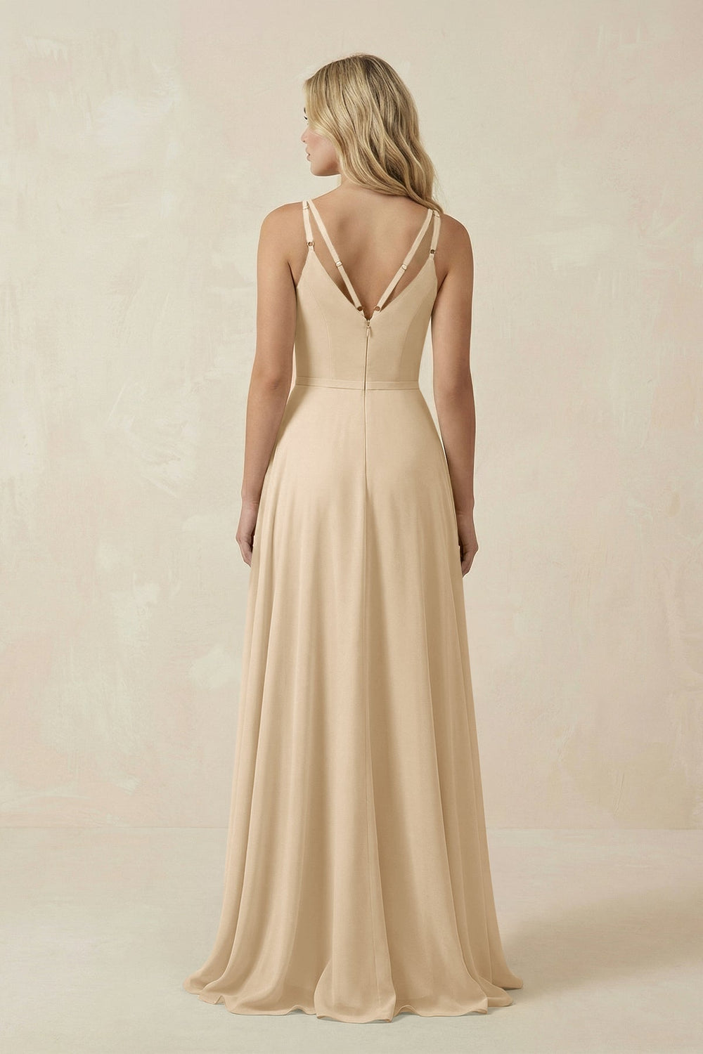 V-Neck A-Line Chiffon Bridesmaid Dress with Crisscross Back in Champagne