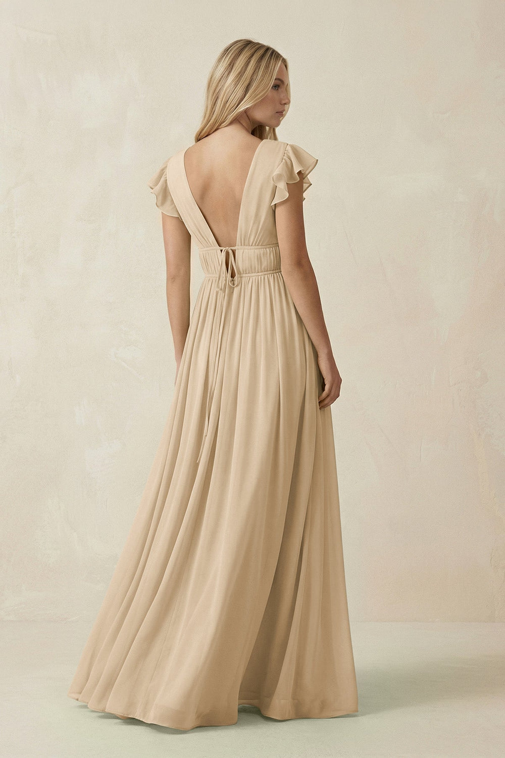 V-Neck A-Line Chiffon Cap Sleeves Bridesmaid Dress in Champagne