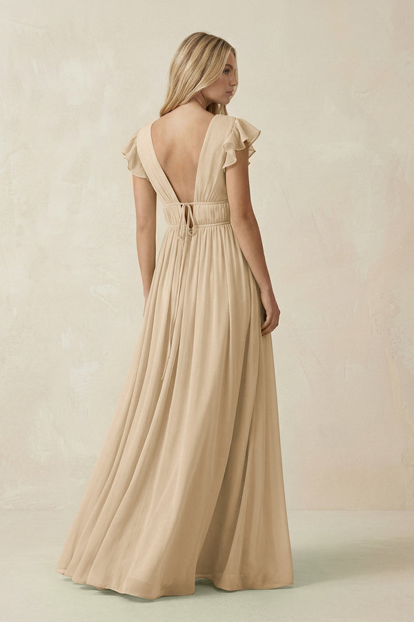 Champagne V-Neck A-Line Chiffon Cap Sleeves Bridesmaid Dress (2) | KISSBRIDAL