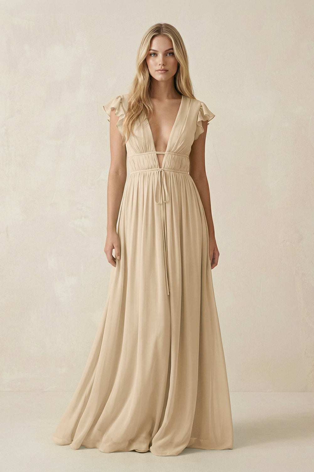 V-Neck A-Line Chiffon Cap Sleeves Bridesmaid Dress in Champagne