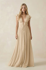 Champagne V-Neck A-Line Chiffon Cap Sleeves Bridesmaid Dress | KISSBRIDAL