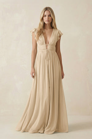 Champagne V-Neck A-Line Chiffon Cap Sleeves Bridesmaid Dress | KISSBRIDAL