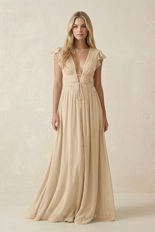 Champagne V-Neck A-Line Chiffon Cap Sleeves Bridesmaid Dress | KISSBRIDAL