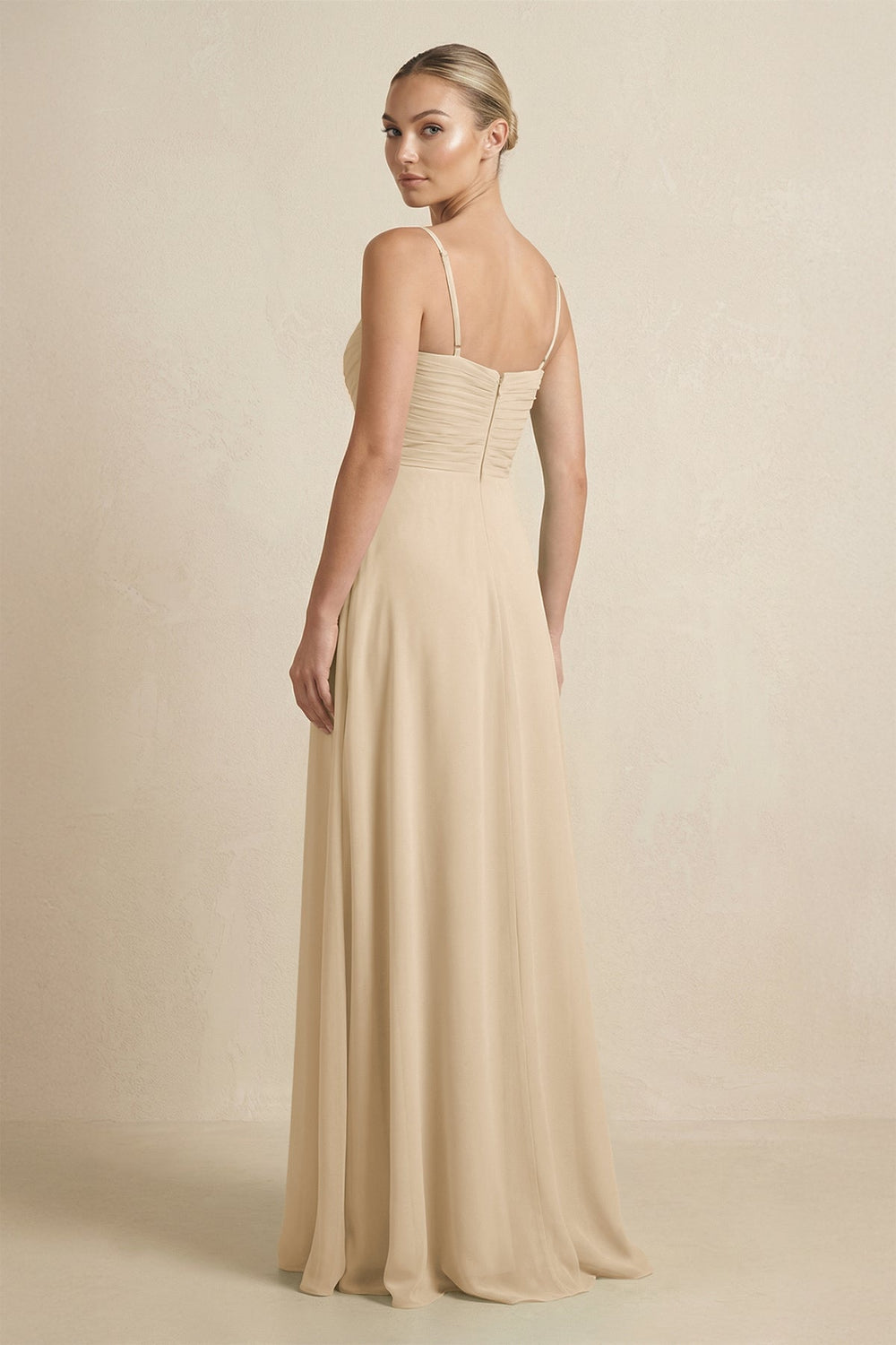 V-Neck A-Line Chiffon Pleated Bridesmaid Dress in Champagne