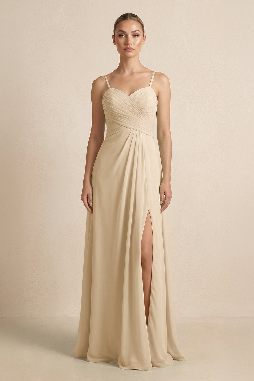 V-Neck A-Line Chiffon Pleated Bridesmaid Dress in Champagne