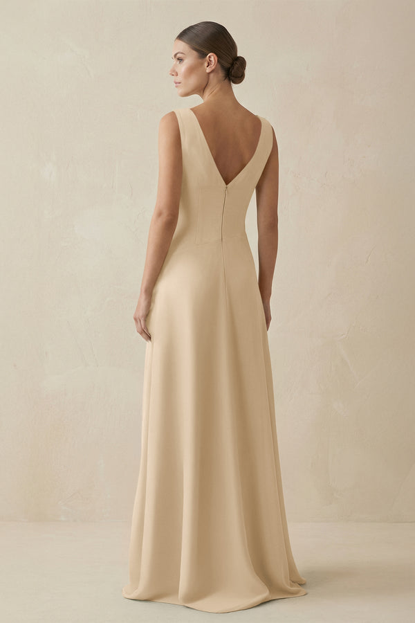 Champagne V-Neck A-Line Chiffon Ruffled Bridesmaid Dress (2) | KISSBRIDAL