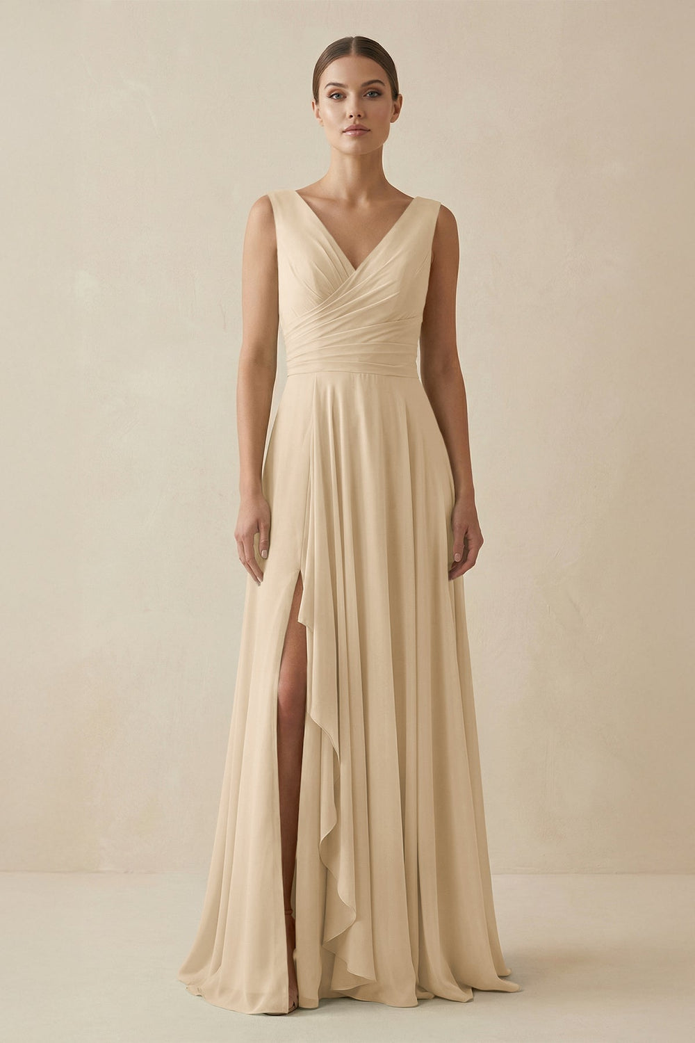 V-Neck A-Line Chiffon Ruffled Bridesmaid Dress in Champagne
