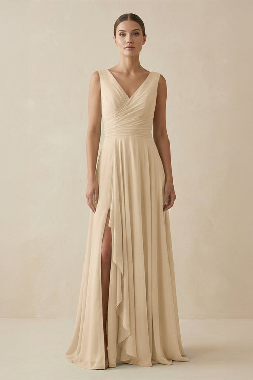 Champagne V-Neck A-Line Chiffon Ruffled Bridesmaid Dress | KISSBRIDAL