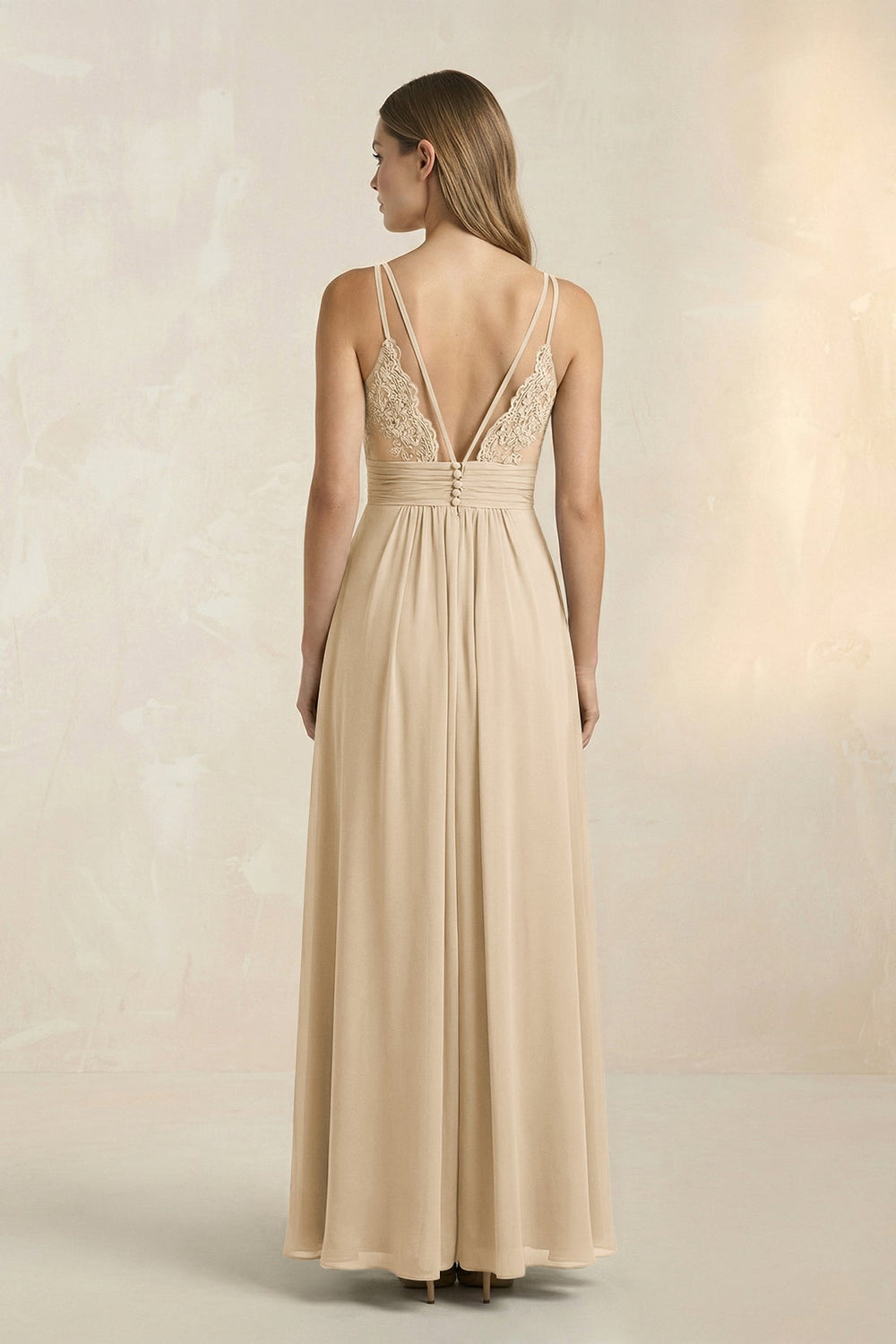 V-Neck A-Line Pleated Chiffon Bridesmaid Dress in Champagne