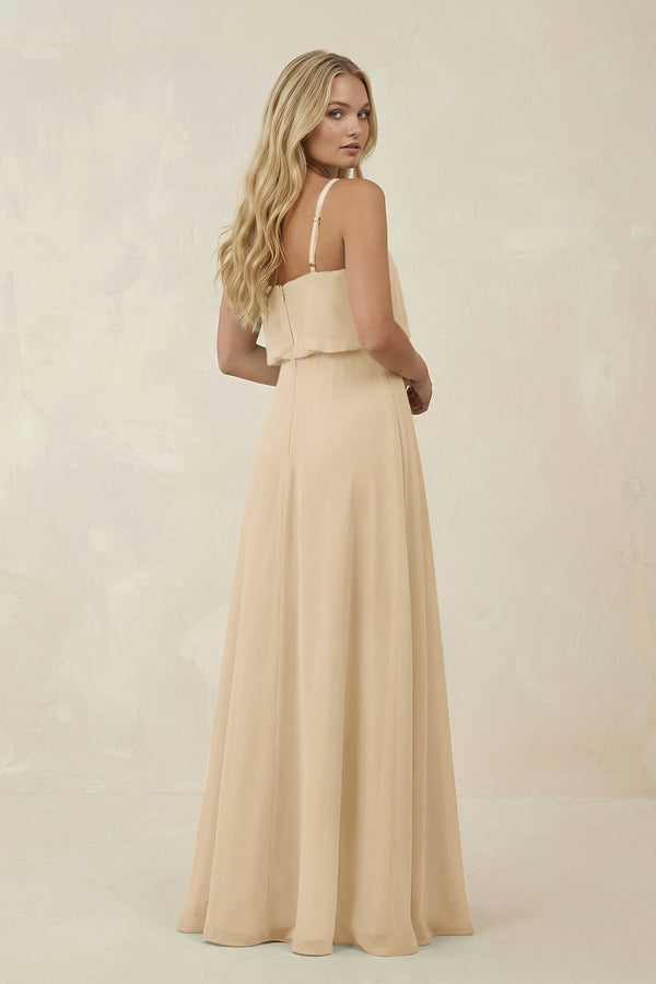 Champagne V-Neck Blouson A-Line Chiffon Bridesmaid Dress (2) | KISSBRIDAL
