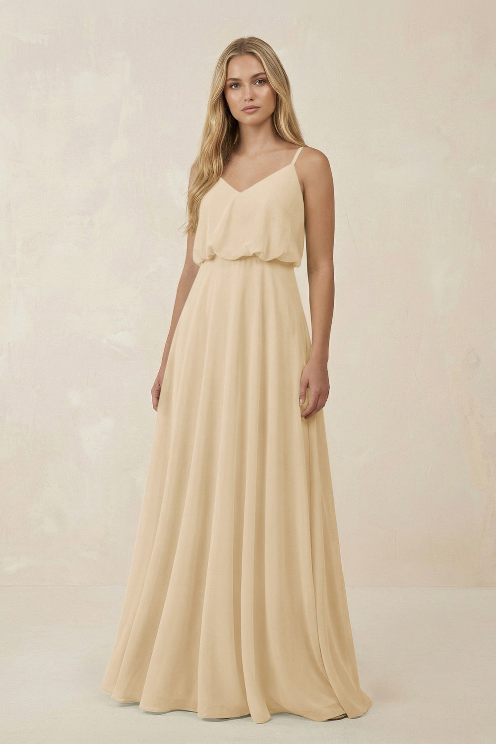V-Neck Blouson A-Line Chiffon Bridesmaid Dress in Champagne