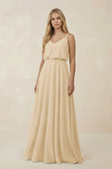 Champagne V-Neck Blouson A-Line Chiffon Bridesmaid Dress | KISSBRIDAL