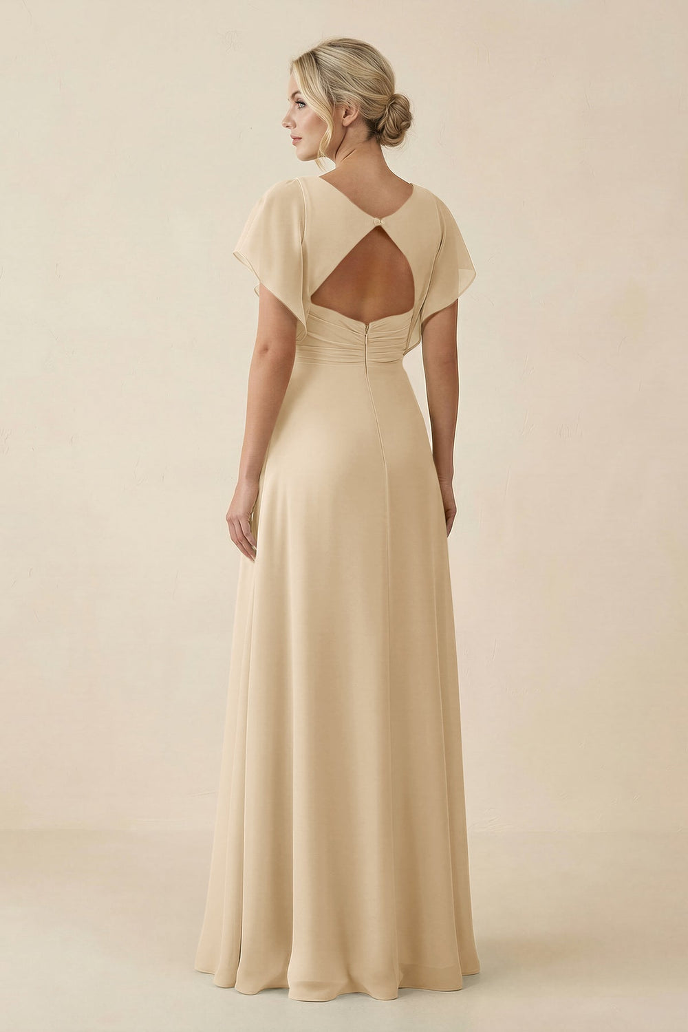V-Neck Cap Sleeve Chiffon Bridesmaid Dress with Cut-out Back in Champagne