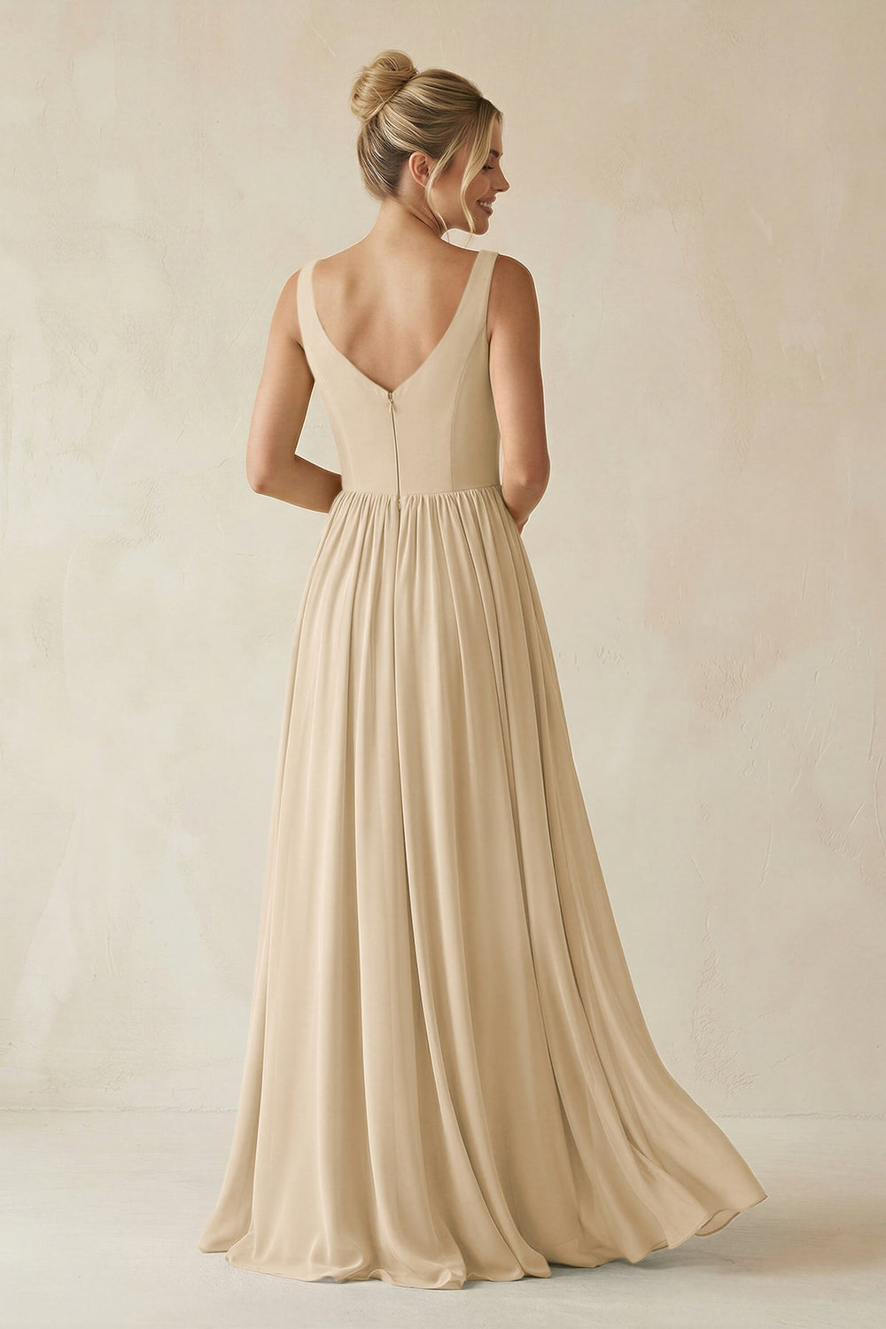 V-Neck Chiffon A-Line Long Bridesmaid Dress in Champagne