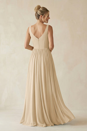 Champagne V-Neck Chiffon A-Line Long Bridesmaid Dress (2) | KISSBRIDAL