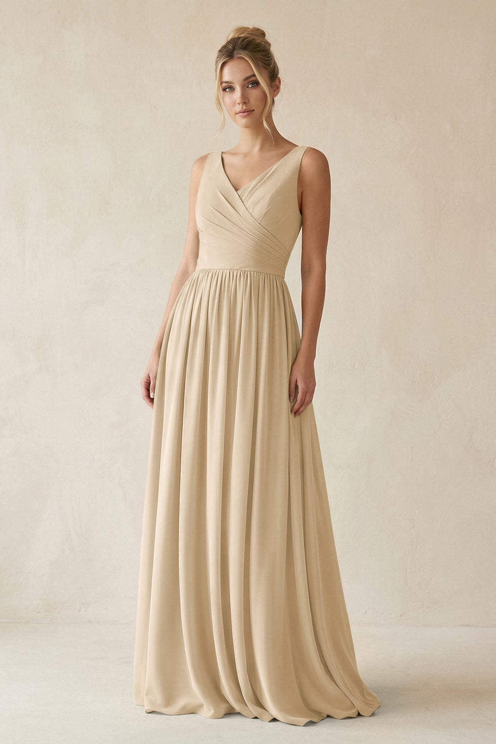 V-Neck Chiffon A-Line Long Bridesmaid Dress in Champagne