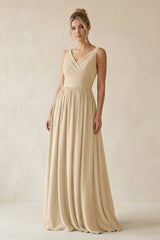 Champagne V-Neck Chiffon A-Line Long Bridesmaid Dress | KISSBRIDAL