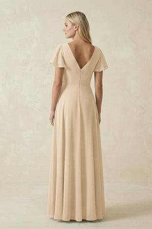 Champagne V-Neck Flutter Sleeve A-Line Chiffon Bridesmaid Dress (2) | KISSBRIDAL