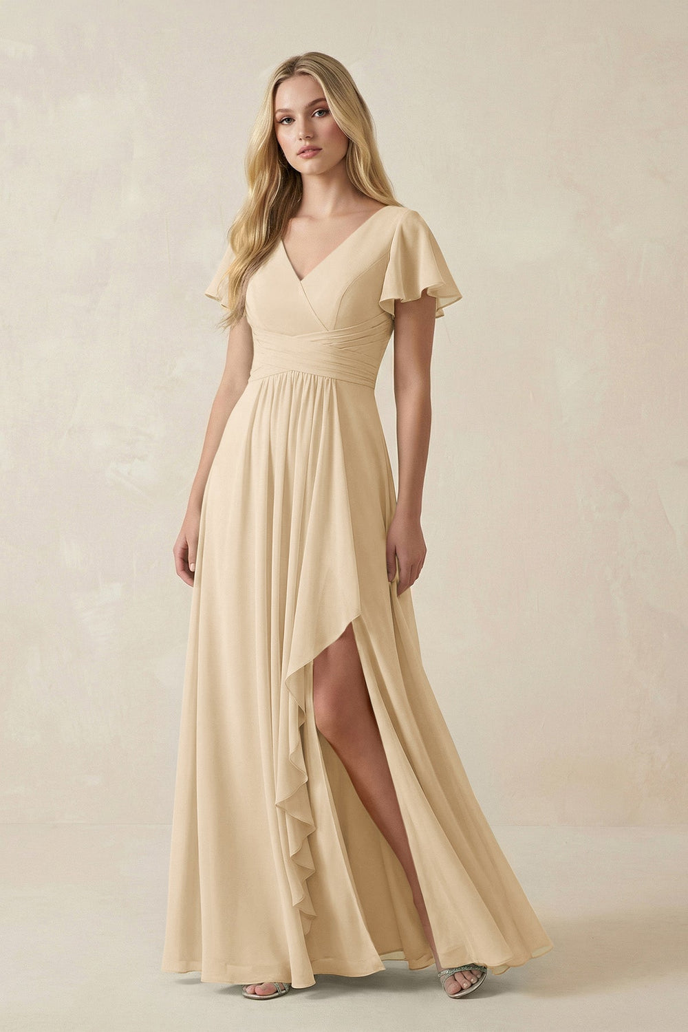 V-Neck Flutter Sleeve A-Line Chiffon Bridesmaid Dress in Champagne