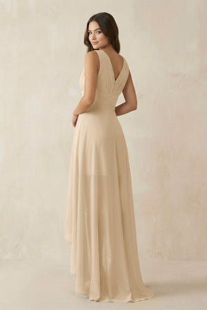 Champagne V-Neck High-Low Chiffon Bridesmaid Dress (2) | KISSBRIDAL