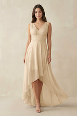 Champagne V-Neck High-Low Chiffon Bridesmaid Dress | KISSBRIDAL